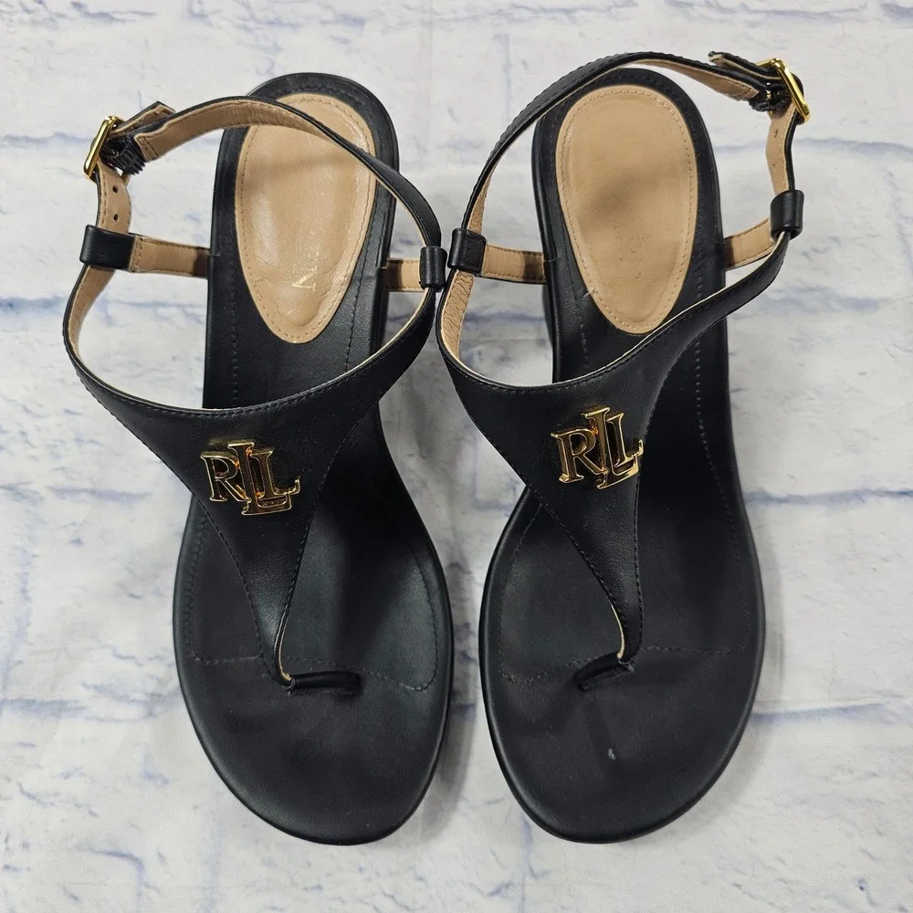 Lauren Ralph Lauren Jeannie Wedge Sandals Women 7 B Black Gold RL Thong Heels